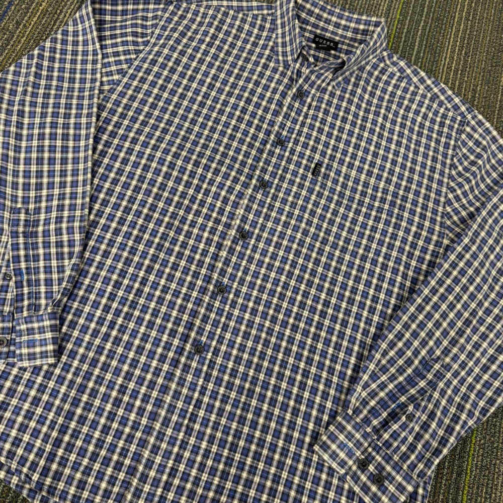 Guess Plaid Shirt Mens XL Blue Vintage 90s Cotton Long Sleeve Button Down 4401
